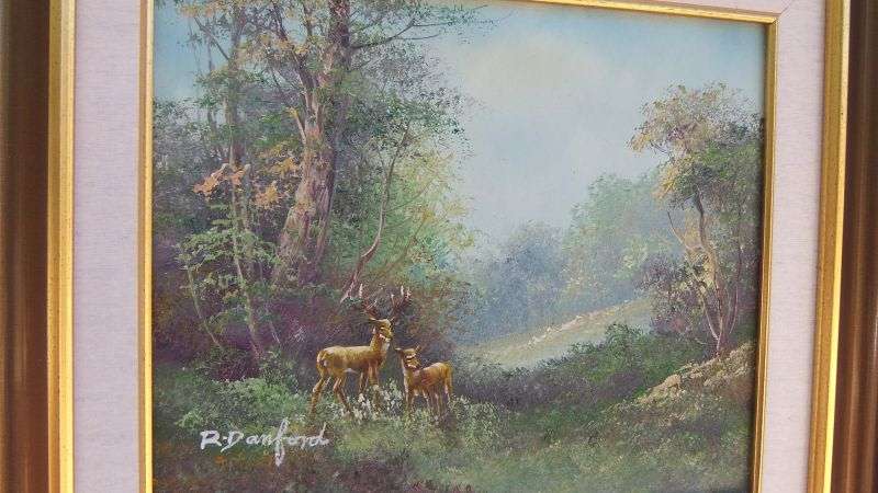 AN OUTSTANDING ORIGINAL OIL ON BOARD SIGNED R DANFORD DEPICTING A FORREST WITH DEER !! WOW !!