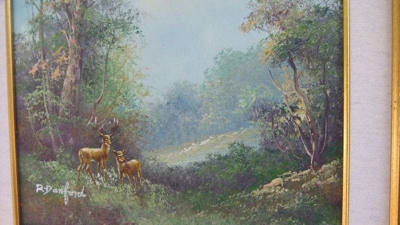 AN OUTSTANDING ORIGINAL OIL ON BOARD SIGNED R DANFORD DEPICTING A FORREST WITH DEER !! WOW !!