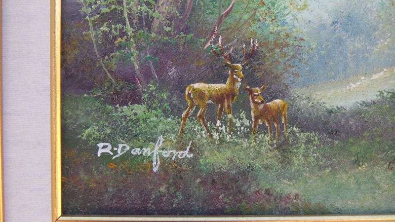 AN OUTSTANDING ORIGINAL OIL ON BOARD SIGNED R DANFORD DEPICTING A FORREST WITH DEER !! WOW !!