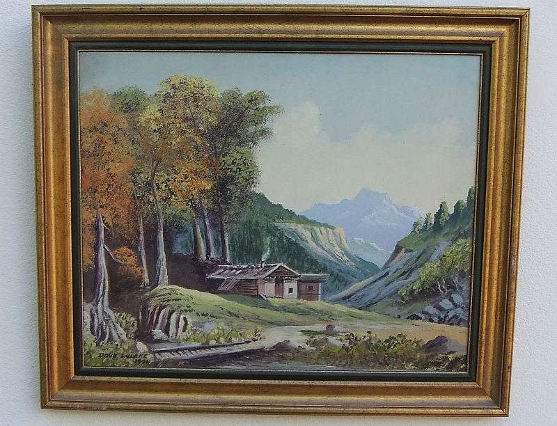 A BEAUTIFUL ORIGINAL OIL ON BOARD OF A MOUNTAIN AND FORREST LANDSCAPE BY DAVE LUDEKE DATED 1994 !!