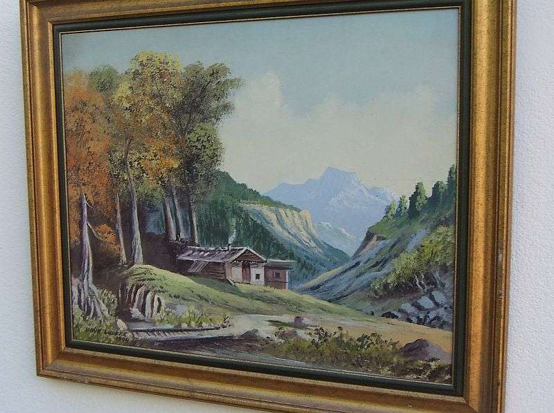 A BEAUTIFUL ORIGINAL OIL ON BOARD OF A MOUNTAIN AND FORREST LANDSCAPE BY DAVE LUDEKE DATED 1994 !!