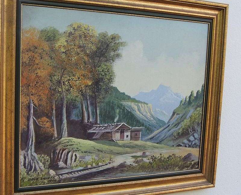 A BEAUTIFUL ORIGINAL OIL ON BOARD OF A MOUNTAIN AND FORREST LANDSCAPE BY DAVE LUDEKE DATED 1994 !!