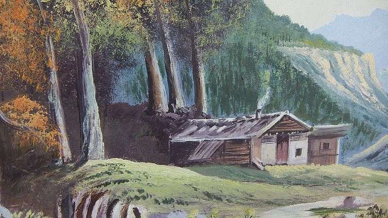 A BEAUTIFUL ORIGINAL OIL ON BOARD OF A MOUNTAIN AND FORREST LANDSCAPE BY DAVE LUDEKE DATED 1994 !!