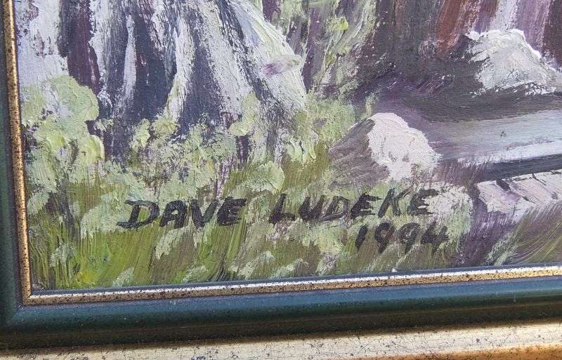 A BEAUTIFUL ORIGINAL OIL ON BOARD OF A MOUNTAIN AND FORREST LANDSCAPE BY DAVE LUDEKE DATED 1994 !!