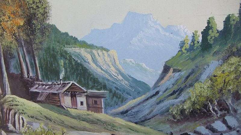 A BEAUTIFUL ORIGINAL OIL ON BOARD OF A MOUNTAIN AND FORREST LANDSCAPE BY DAVE LUDEKE DATED 1994 !!
