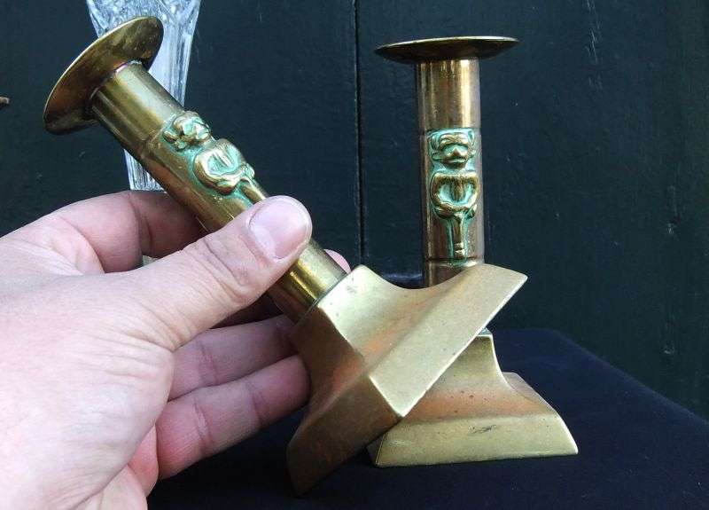 TWO CHARACTERFUL PAIRS OF SOLID BRASS CANDLE STICKS PLUS AN OLD TALL FLUTED GLASS IN METAL VASE !!
