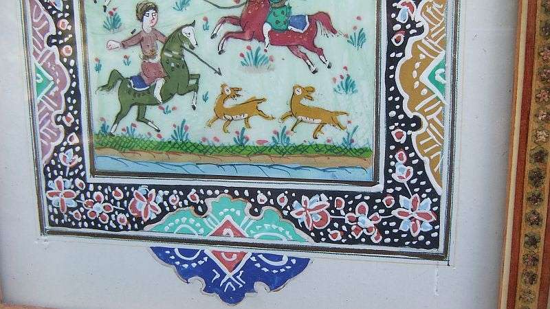 AN EYE CATCHING VINTAGE INLAID FRAME WITH GENUINE PAINTING OF EASTERN STYLE HORSEMEN !! WOW !!