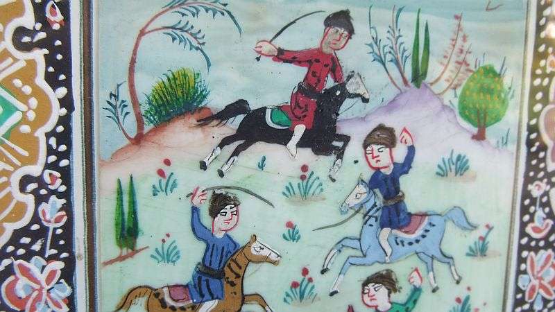 AN EYE CATCHING VINTAGE INLAID FRAME WITH GENUINE PAINTING OF EASTERN STYLE HORSEMEN !! WOW !!