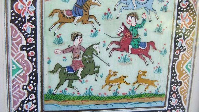 AN EYE CATCHING VINTAGE INLAID FRAME WITH GENUINE PAINTING OF EASTERN STYLE HORSEMEN !! WOW !!