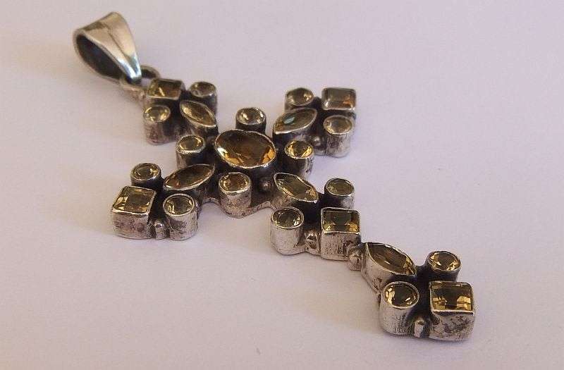 AN AMAZING "" HUGE "" SOLID STERLING SILVER CROSS PENDANT SET WITH EYE CATCHING FACETED STONES !!