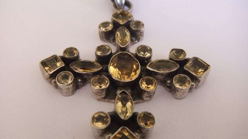 AN AMAZING "" HUGE "" SOLID STERLING SILVER CROSS PENDANT SET WITH EYE CATCHING FACETED STONES !!