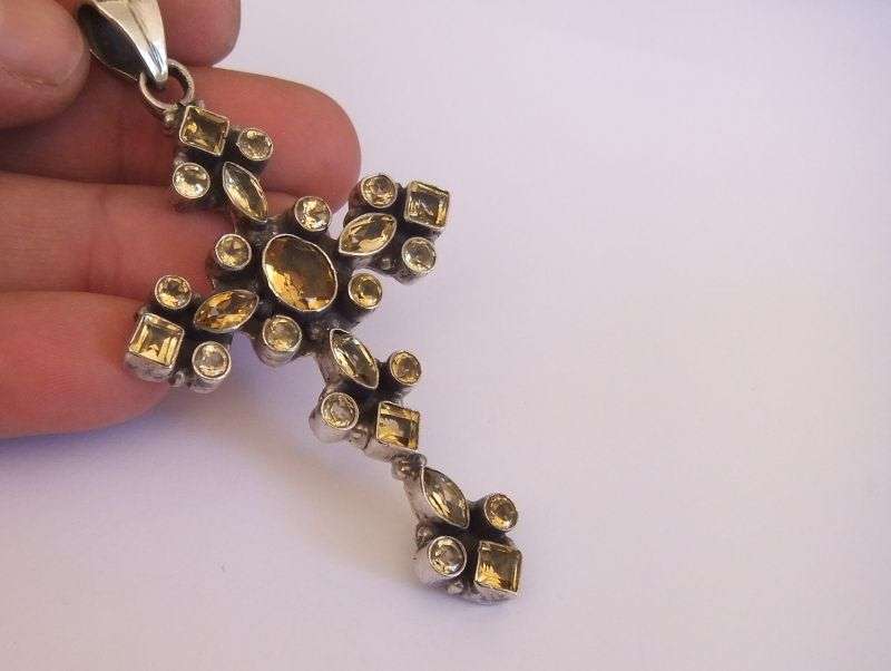 AN AMAZING "" HUGE "" SOLID STERLING SILVER CROSS PENDANT SET WITH EYE CATCHING FACETED STONES !!
