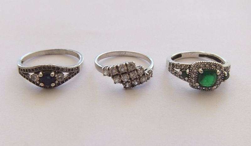 MEGA DEAL !! 3 BEAUTIFUL STERLING SILVER RINGS SET WITH VARIOUS FACETED STONES !! BIDDING FOR ALL 3