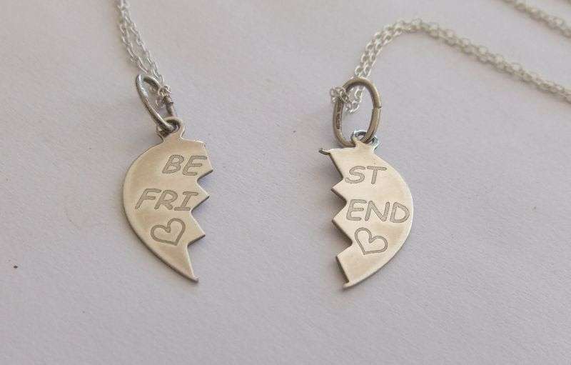 FOR HER & HER !! TWO DAINTY STERLING SILVER NECKLACES WITH ""BEST FRIEND"" HALF HEART PENDANTS !!