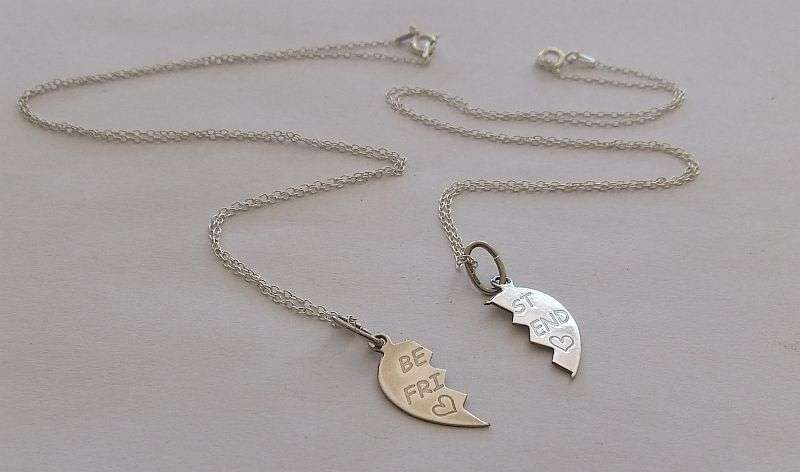 FOR HER & HER !! TWO DAINTY STERLING SILVER NECKLACES WITH ""BEST FRIEND"" HALF HEART PENDANTS !!