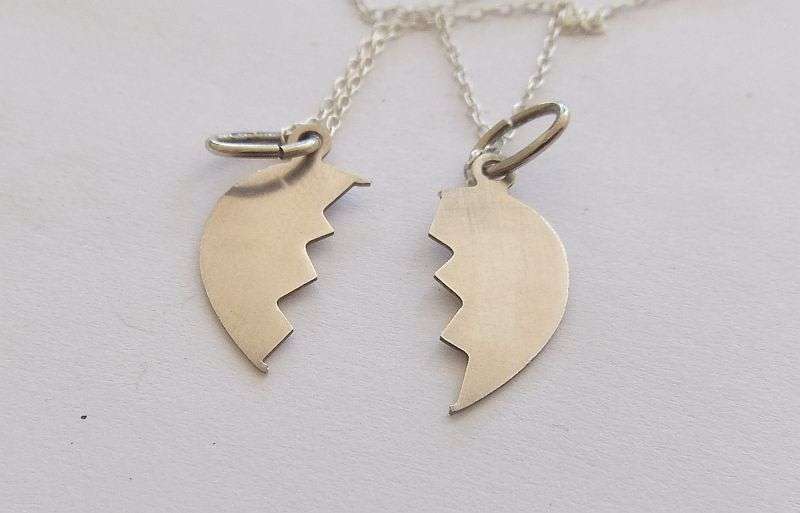 FOR HER & HER !! TWO DAINTY STERLING SILVER NECKLACES WITH ""BEST FRIEND"" HALF HEART PENDANTS !!