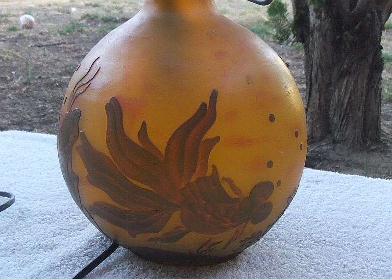 AN ABSOLUTELY STUNNING GALLE / LOETZ STYLE CAMEO GLASS LAMP WITH FISHY MOTIFS ... WOW , WOW , WOW !!