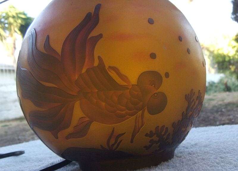 AN ABSOLUTELY STUNNING GALLE / LOETZ STYLE CAMEO GLASS LAMP WITH FISHY MOTIFS ... WOW , WOW , WOW !!