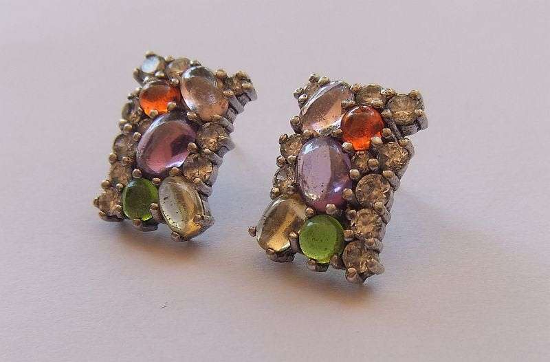 A GOOD QUALITY PAIR OF STERLING SILVER EARRINGS SET WITH VARIOUS CABOCHON AND FACETED STONES !!