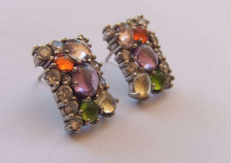 A GOOD QUALITY PAIR OF STERLING SILVER EARRINGS SET WITH VARIOUS CABOCHON AND FACETED STONES !!