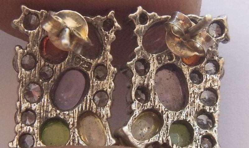 A GOOD QUALITY PAIR OF STERLING SILVER EARRINGS SET WITH VARIOUS CABOCHON AND FACETED STONES !!