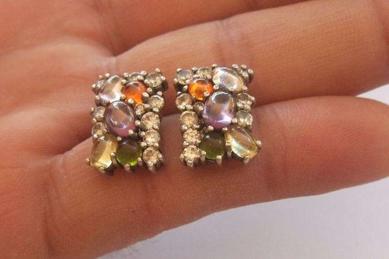 A GOOD QUALITY PAIR OF STERLING SILVER EARRINGS SET WITH VARIOUS CABOCHON AND FACETED STONES !!