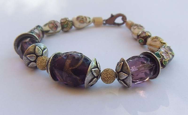 A TOTALLY GORGEOUS HAND MADE CLOISONNE , ART GLASS AND METAL BRACELET WITH EASY CLIP CLASP ...WOW !!