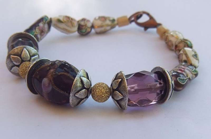 A TOTALLY GORGEOUS HAND MADE CLOISONNE , ART GLASS AND METAL BRACELET WITH EASY CLIP CLASP ...WOW !!