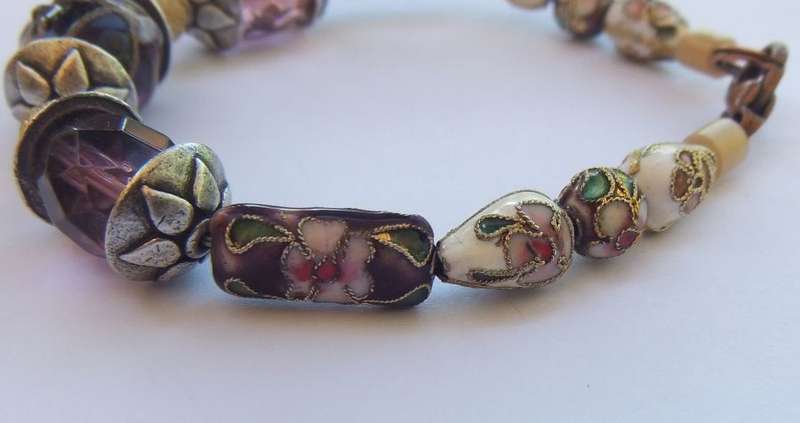 A TOTALLY GORGEOUS HAND MADE CLOISONNE , ART GLASS AND METAL BRACELET WITH EASY CLIP CLASP ...WOW !!