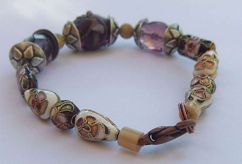 A TOTALLY GORGEOUS HAND MADE CLOISONNE , ART GLASS AND METAL BRACELET WITH EASY CLIP CLASP ...WOW !!