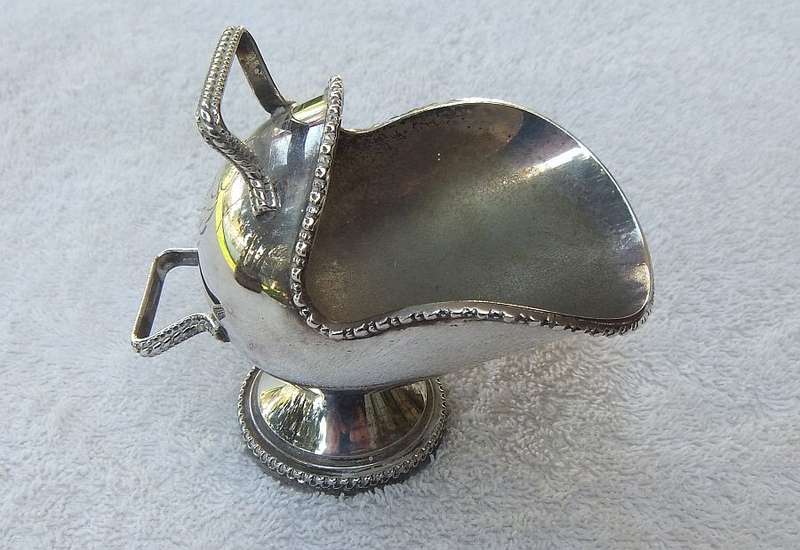 WOW !! A LOVELY OLD SILVER PLATE SUGAR BOWL FORMED AS A COAL SHUTTLE !! TOO SWEET !!