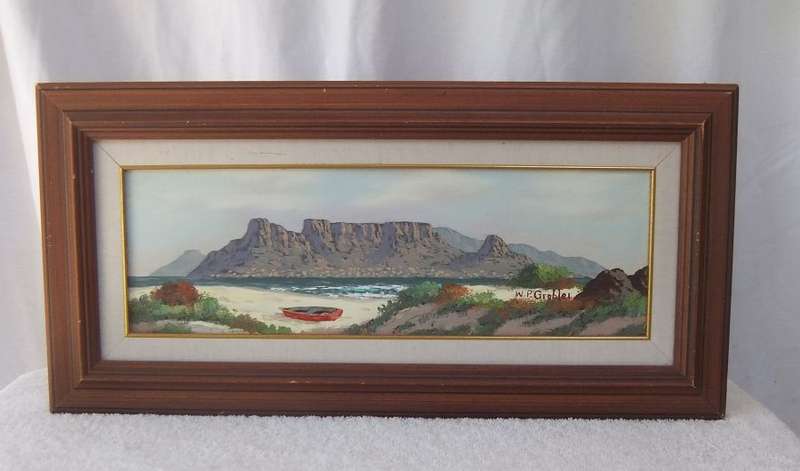 AN ORIGINAL OIL ON BOARD DEPICTING TABLE MOUNTAIN FROM THE BEACH BY KNOWN SA ARTIST WP GROBLER !!