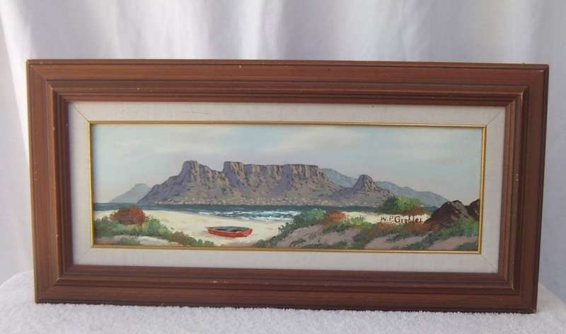 AN ORIGINAL OIL ON BOARD DEPICTING TABLE MOUNTAIN FROM THE BEACH BY KNOWN SA ARTIST WP GROBLER !!