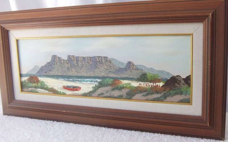 AN ORIGINAL OIL ON BOARD DEPICTING TABLE MOUNTAIN FROM THE BEACH BY KNOWN SA ARTIST WP GROBLER !!