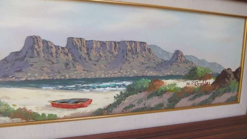 AN ORIGINAL OIL ON BOARD DEPICTING TABLE MOUNTAIN FROM THE BEACH BY KNOWN SA ARTIST WP GROBLER !!