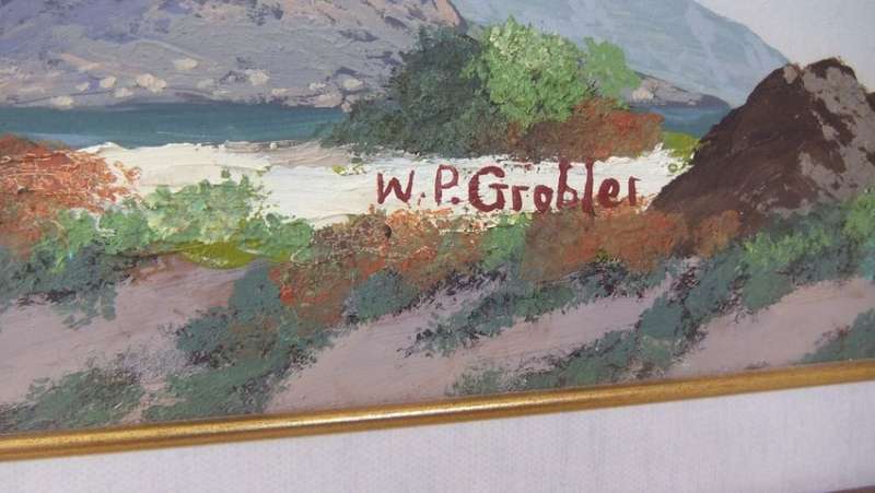 AN ORIGINAL OIL ON BOARD DEPICTING TABLE MOUNTAIN FROM THE BEACH BY KNOWN SA ARTIST WP GROBLER !!