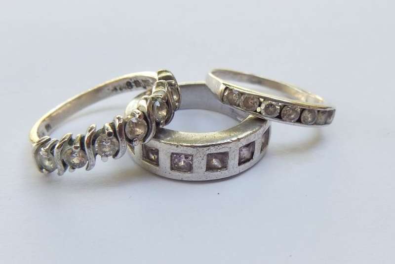 WHAT A STEAL !! 3 GORGEOUS STERLING SILVER RINGS SET WITH FACETED STONES !! PINK & CLEAR !! TAKE ALL
