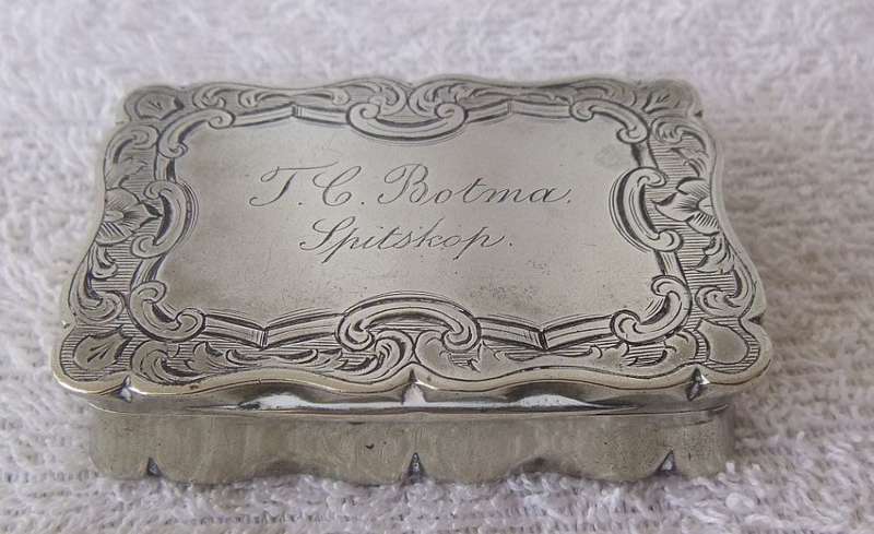 RARE FIND !! AN ANTIQUE HALLMARKED SNUFF BOX FROM THE BOER WAR ERA 1880-1900 BOER NAME & "SPITSKOP"