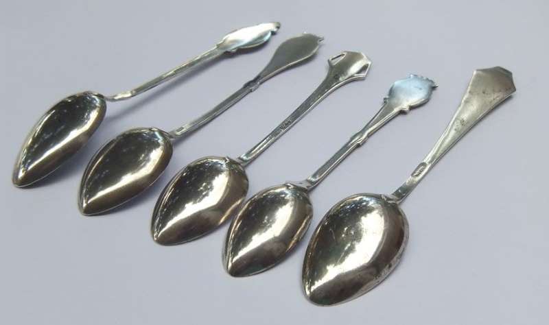 OH WOW !! A LOT OF FIVE SOLID SILVER AND ENAMEL TEASPOONS !! EXCELLENT DETAIL !! 80% SILVER CONTENT