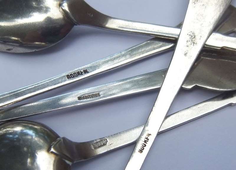OH WOW !! A LOT OF FIVE SOLID SILVER AND ENAMEL TEASPOONS !! EXCELLENT DETAIL !! 80% SILVER CONTENT
