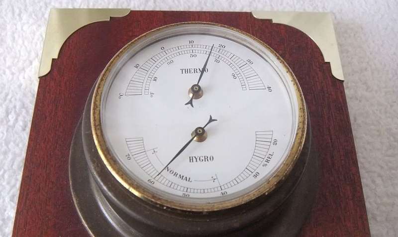 A VINTAGE WEST GERMAN MADE HYGROMETER / THERMOMETER / BAROMETER AND CLOCK - WOOD & BRASS