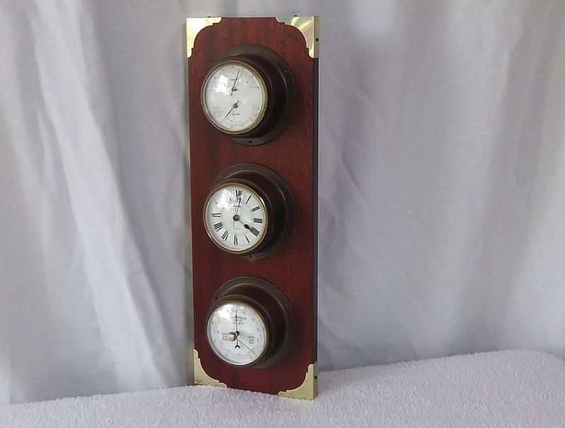 A VINTAGE WEST GERMAN MADE HYGROMETER / THERMOMETER / BAROMETER AND CLOCK - WOOD & BRASS