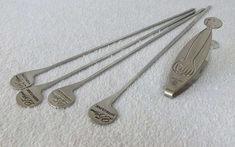 ORIGINAL CARROL BOYES SET OF 4 SKEWERS AND ICE TONGS MADE FOR MEDI CLINIC / CORPORATE GIFTS