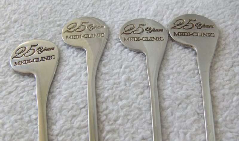 ORIGINAL CARROL BOYES SET OF 4 SKEWERS AND ICE TONGS MADE FOR MEDI CLINIC / CORPORATE GIFTS