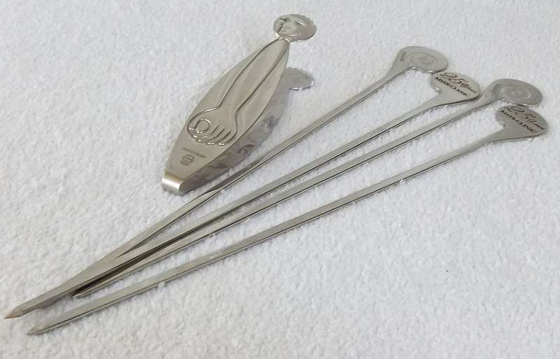 ORIGINAL CARROL BOYES SET OF 4 SKEWERS AND ICE TONGS MADE FOR MEDI CLINIC / CORPORATE GIFTS
