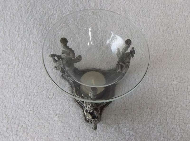 MUST SEE !! A VERY CHARMING PEWTER TYPE METAL TEE LITE HOLDER INCENSE BURNER WITH ANGEL MOTIFS !!