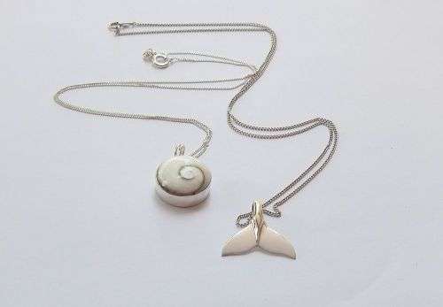 GENUINE SHELL & A WHALE TAIL !! TWO STERLING SILVER NECKLACES AND TWO STERLING SILVER PENDANTS !!