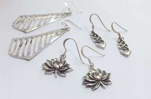 TRIPLE DEAL !! THREE STYLISH PAIRS OF SOLID STERLING SILVER EARRINGS !! BID FOR THE LOT !! SWEET !!