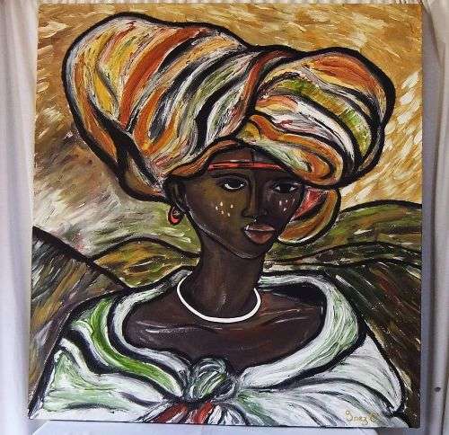 A BEAUTIFULLY PAINTED ORIGINAL OIL ON CANVAS OF A TRADITIONAL WOMAN SIGNED BY THE ARTIST INEZ C !!