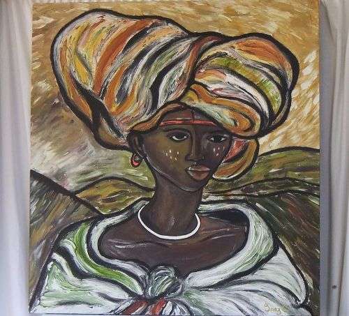 A BEAUTIFULLY PAINTED ORIGINAL OIL ON CANVAS OF A TRADITIONAL WOMAN SIGNED BY THE ARTIST INEZ C !!